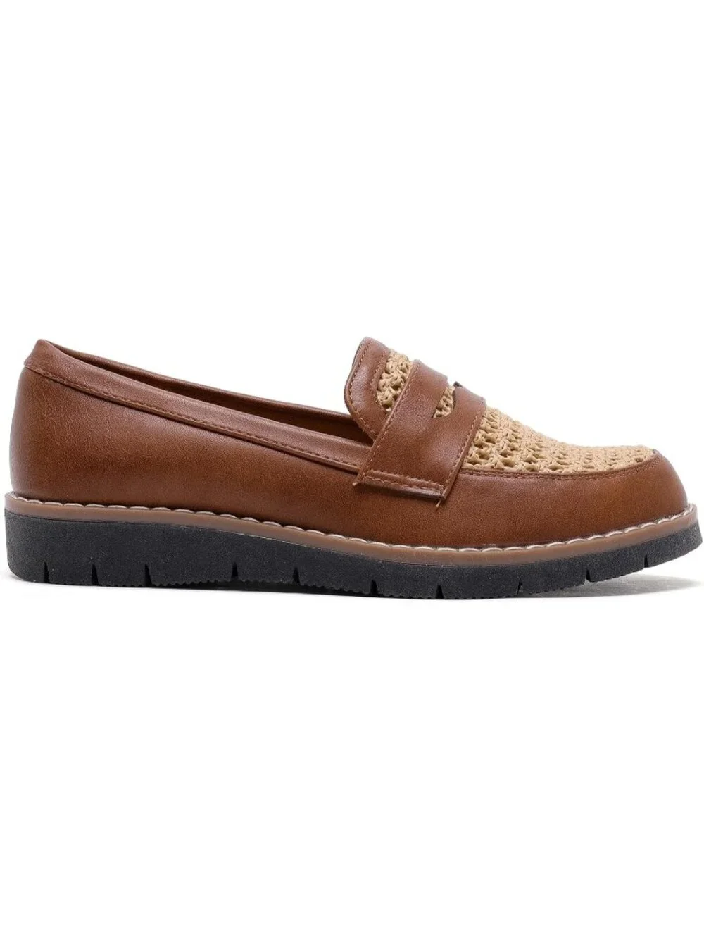 🆕Women's Brown Woven 1 Round Toe Platform Chunky Heeled Loafers Business Shoes